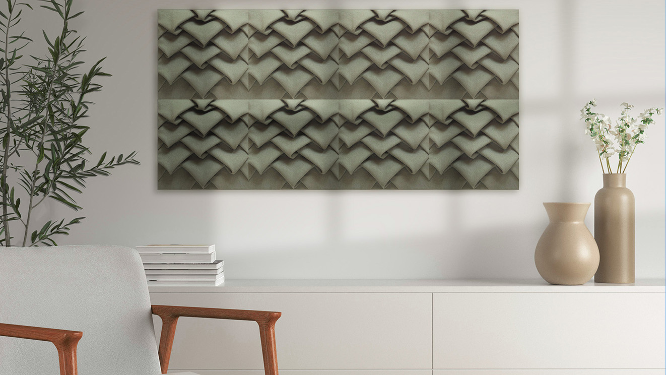 ZAMA音響壁装飾材。防音・吸音効果、さらにオプションで光触媒加工可能。空気と音を整えるアートとしても注目。おしゃれリビング・オフィスに必須。